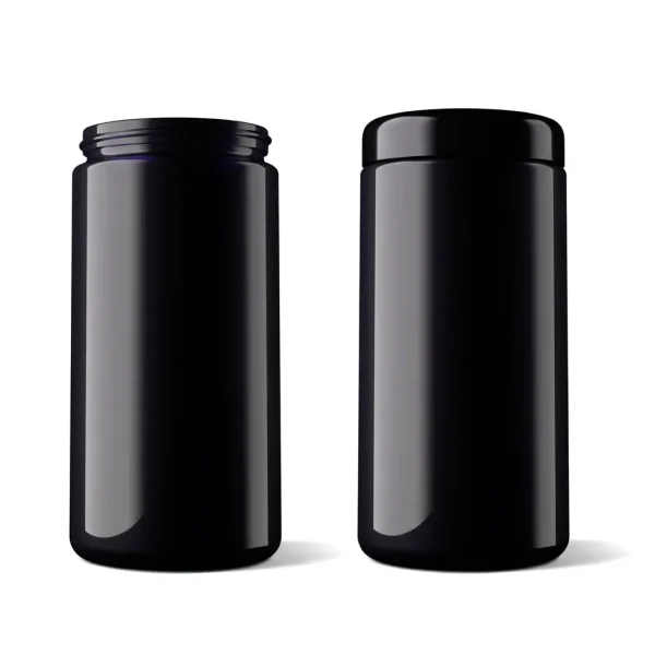 MIRON violet glass jar 1000ml with and without lid next to each other