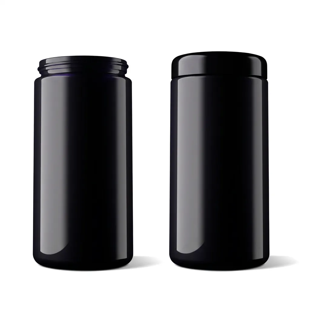 MIRON violet glass jar 1000ml with and without lid next to each other