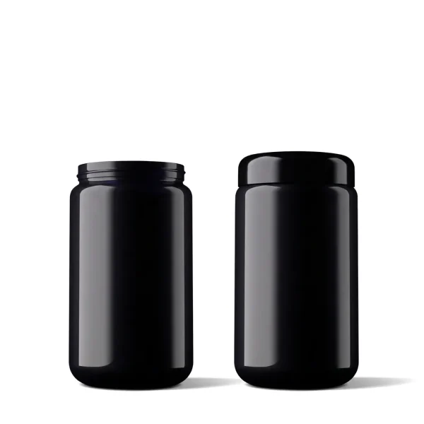 MIRON violet glass jar 400ml with and without lid next to each other
