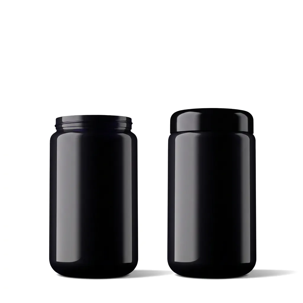 MIRON violet glass jar 400ml with and without lid next to each other