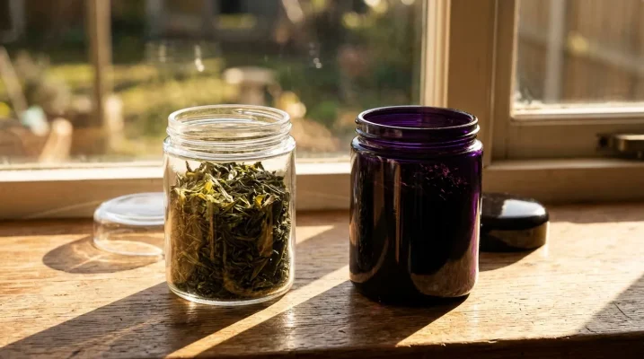 2 jars with tea are standing by the window, as a comparison for different tea storage options
