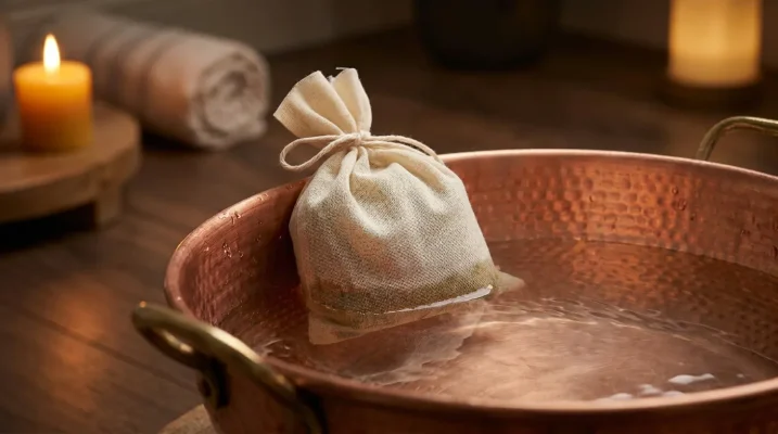 OM copper bowl filled with water, a white satchel pack with herbs is on the side, soaking.