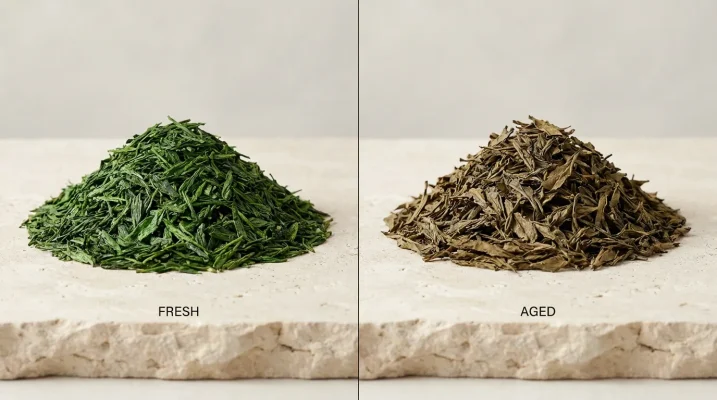 A comparison picture, with the left side showing fresh, versus the right side showing aged tea