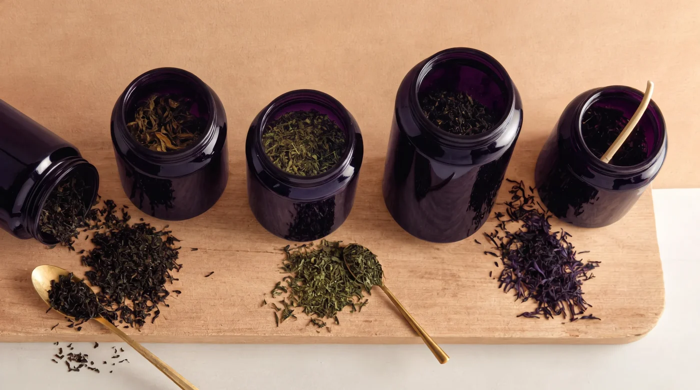 Miron jars flatlay photography showing how to store loose leaf tea