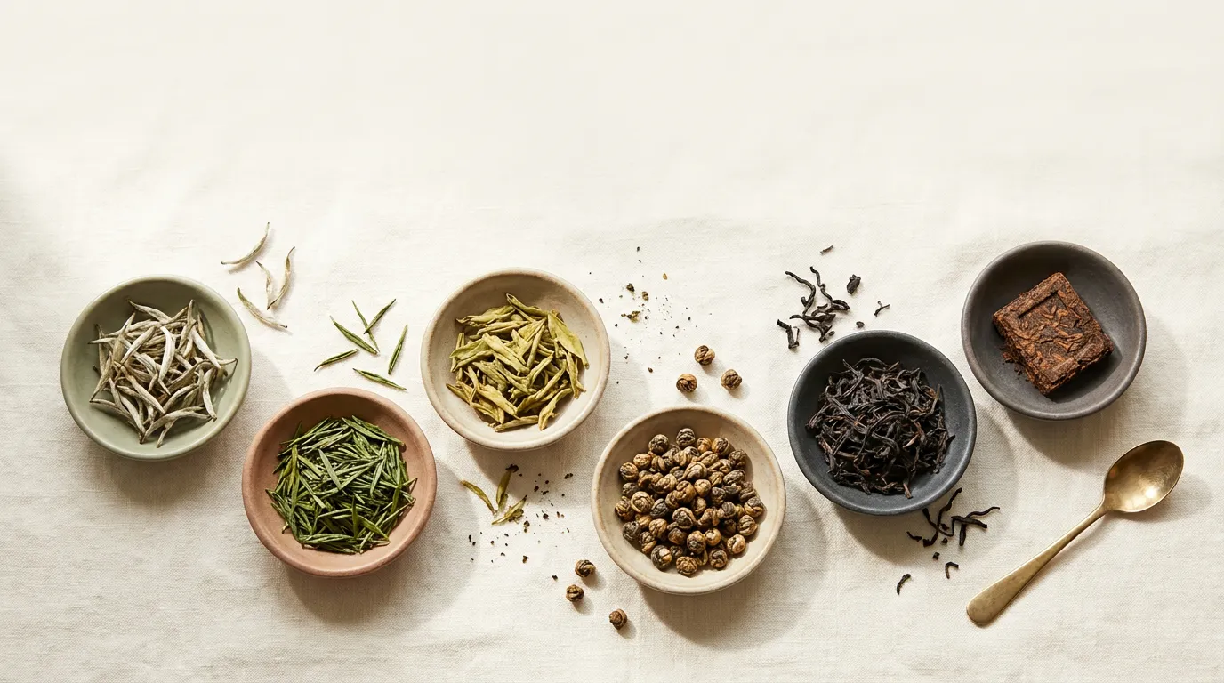 Six dishes showing the different types of tea next to each other.