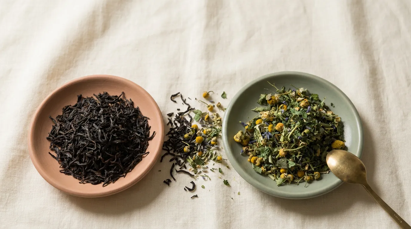 Two dishes filled with true tea and herbal tea on a linen cloth.