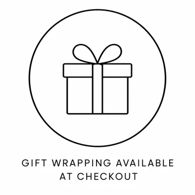 Icon showing a gift in a circle, with writing saying "gift wrapping available at checkout".